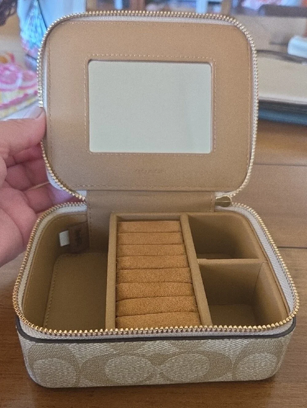 Coach Signature Monogram Jewelry Case in Beige with Gold Hardware - Picture 2 of 3
